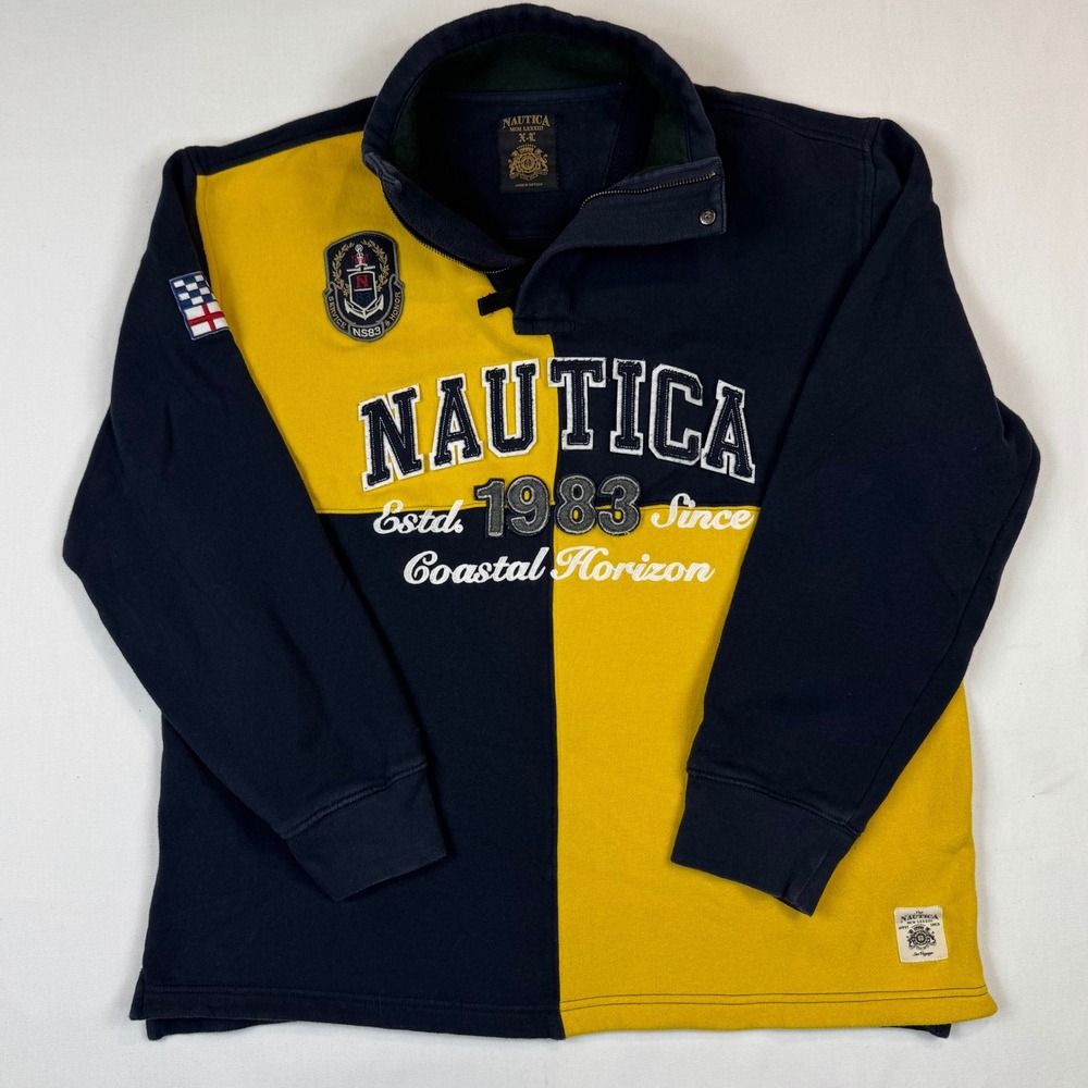 Nautica Quarter Zip Sweatshirt Mens XL Navy Yellow NS83 Coastal Horizon Rugby